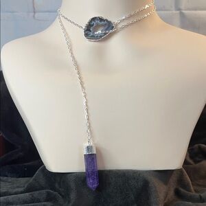 Terminated Light Amethyst and Agate Occo Necklace 18 Inches in Silvertone 67.50